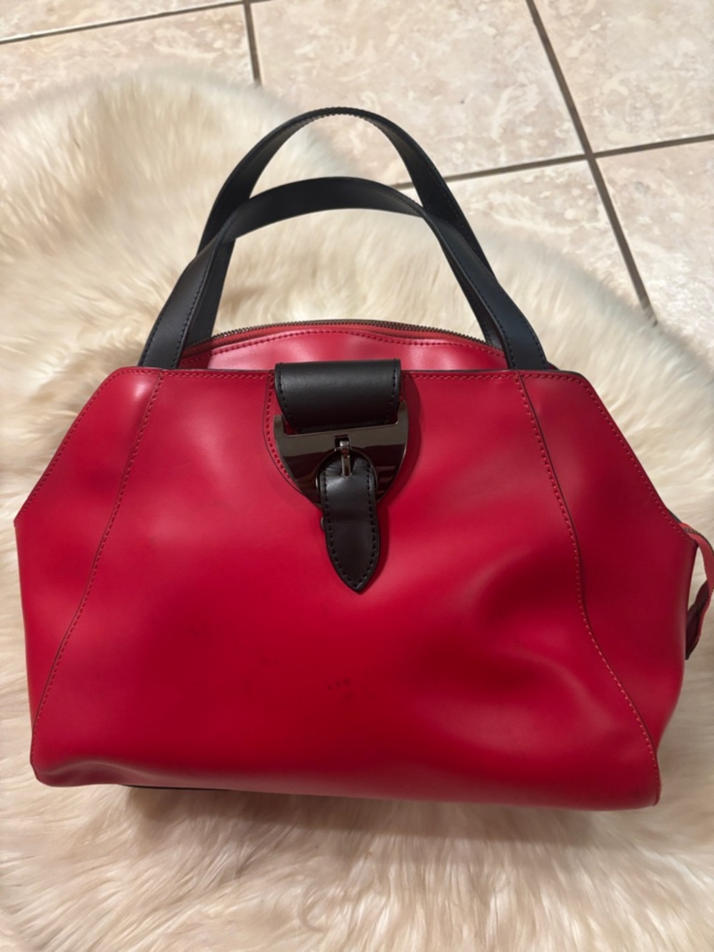 NICOLI Red Leather Satchel with Black Handles